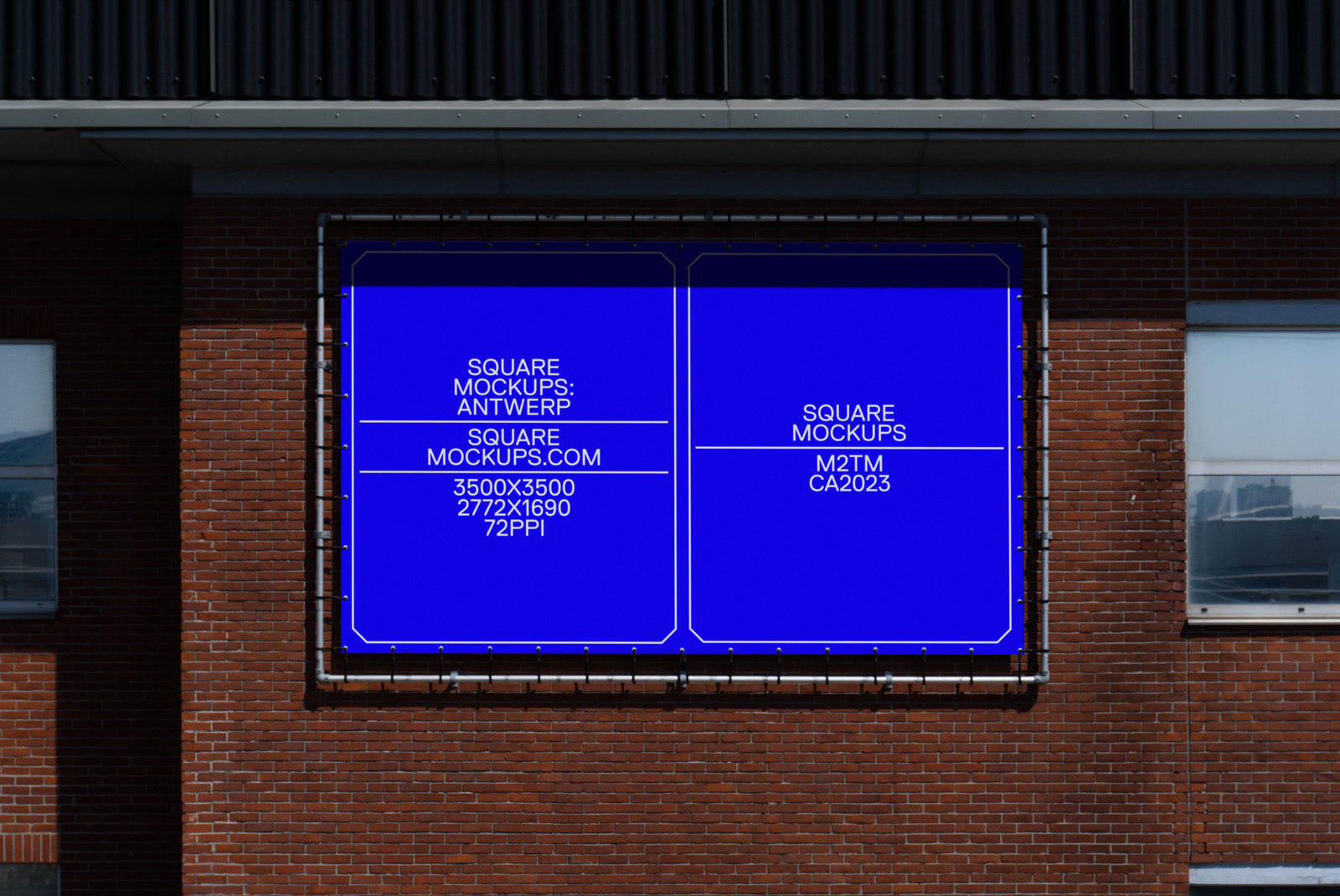 Outdoor billboard mockup on brick building facade displaying two square ad spaces for design presentation, in daylight with clear visibility for designers.